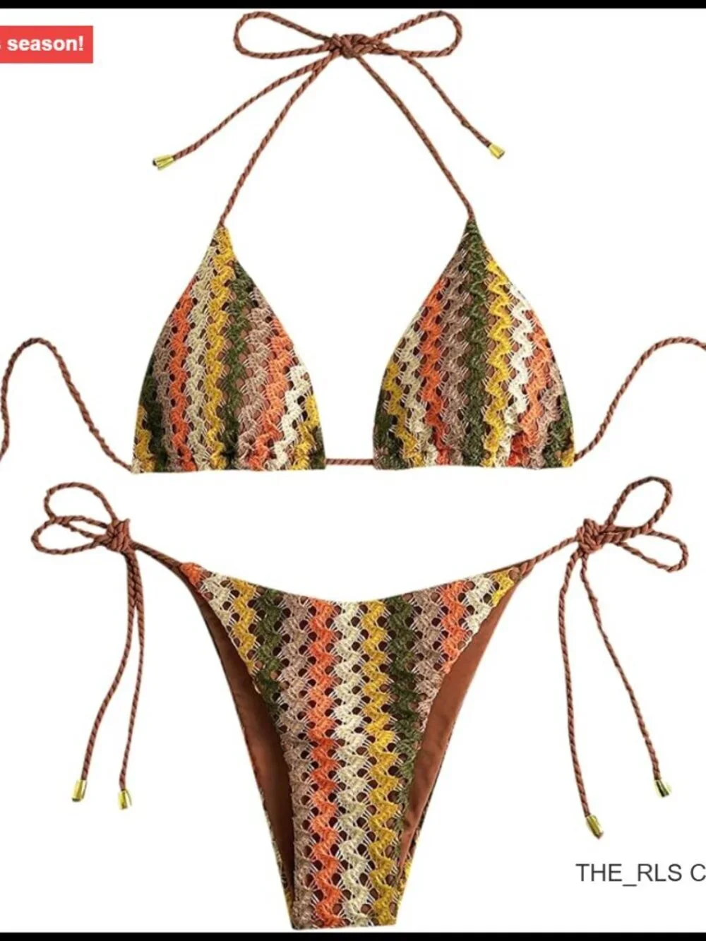 Triangle Bikini Set with Knitted Rope Halter Adjustable Side Tie Swimwear